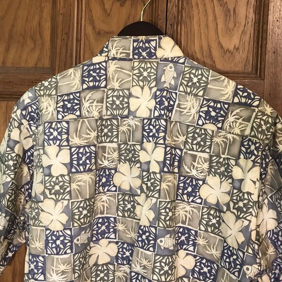 Via Veneto Men's M Hawaiian Shirt Short Sleeve Button Up Blue & Tan Cotton Korea - Picture 8 of 9